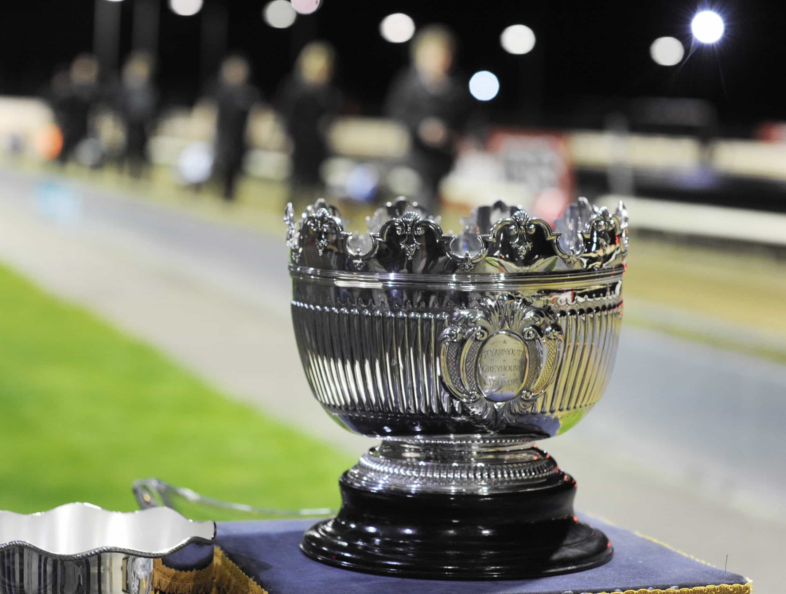 The East Anglian Greyhound Derby trophy on display.