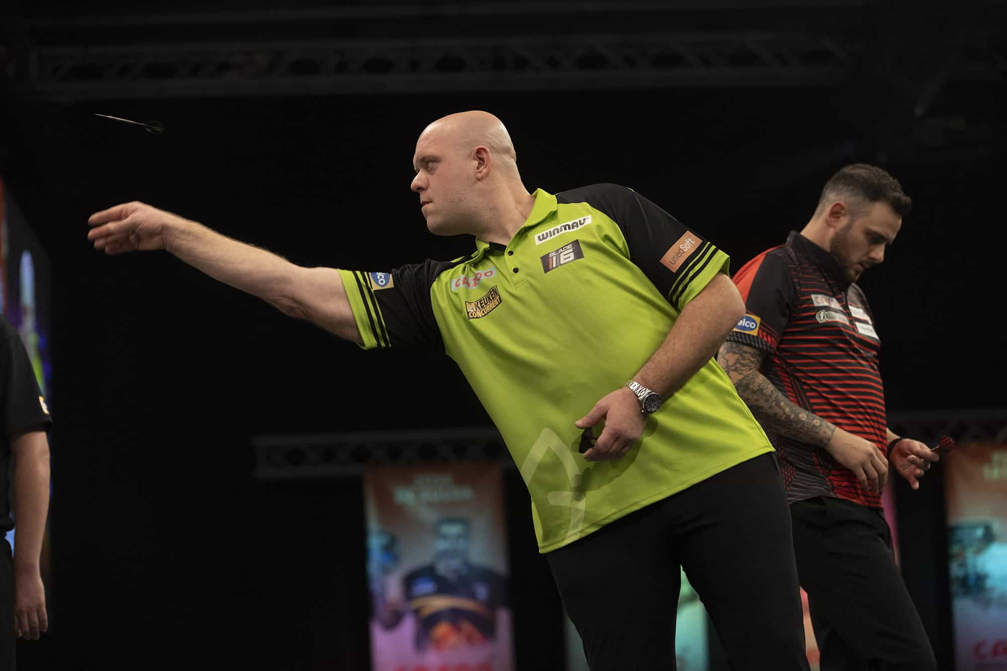 Michael van Gerwen throwing a dart during the 2021 Grand Slam of Darts.