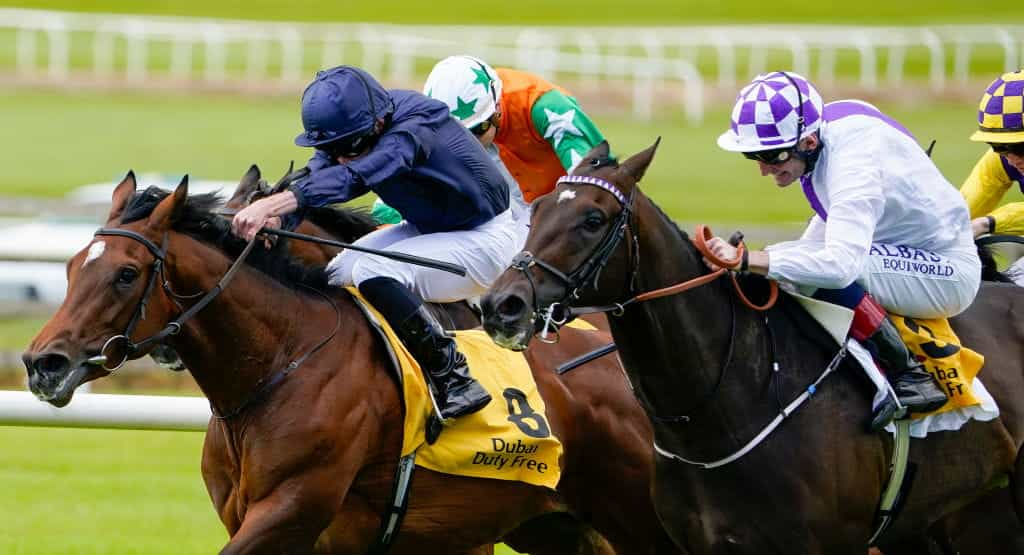 Kevin Manning riding Wexford Native to win The Dubai Duty Free Celebration Stakes at Curragh Racecourse. June 2022.