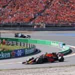 Sergio Perez racing before packed grandstands at the 2021 Dutch Grand Prix.