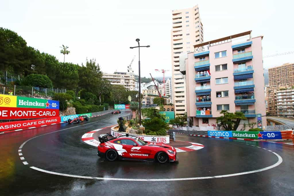 The Safety Car leads the field on the formation lap during the 2022 F1 Grand Prix of Monaco.