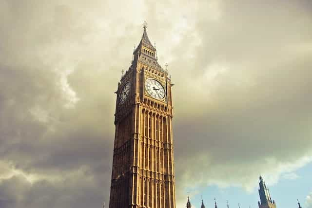 Big Ben clock tower at the Houses of Parliament in London.