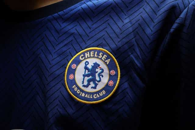 Chelsea FC logo on a football shirt.