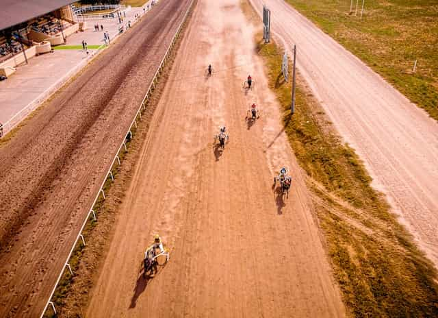 A group of horse-cart riders on a track.