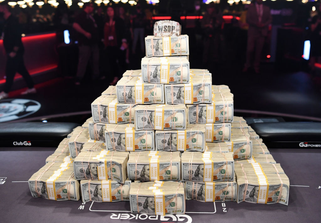 A pile of cash awaits a tournament winner at the World Series of Poker.