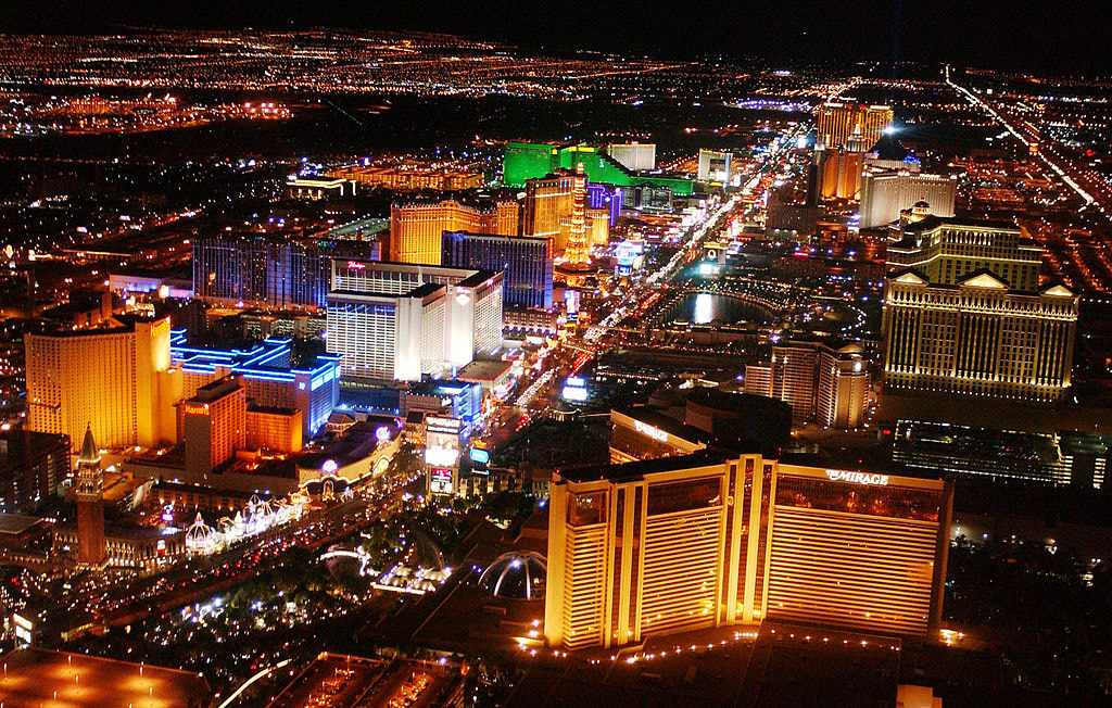 An aerial nighttime view of the Las Vegas Strip.