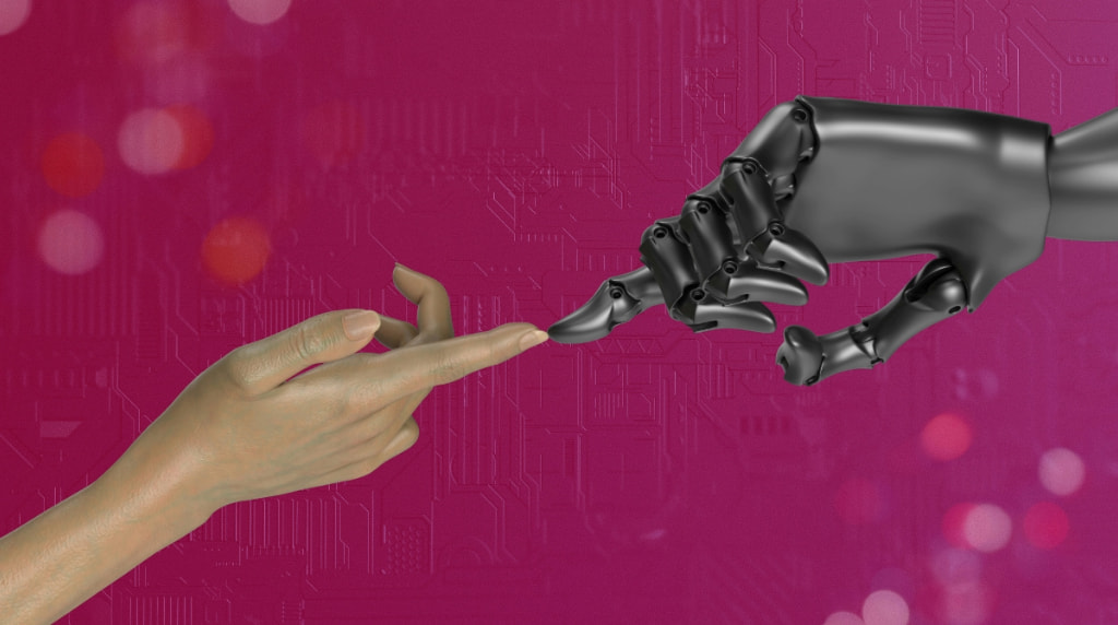 A human and robot hands touching on a burgundy background